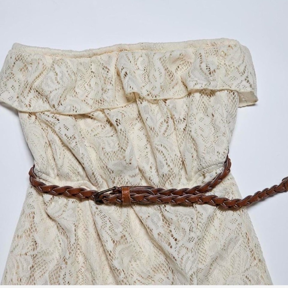 Trixxi cream lace strapless dress with braided belt, size small.